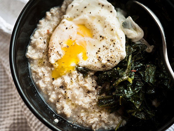 Savory Oatmeal (Kale, Poached Egg, Red Chili Flakes)